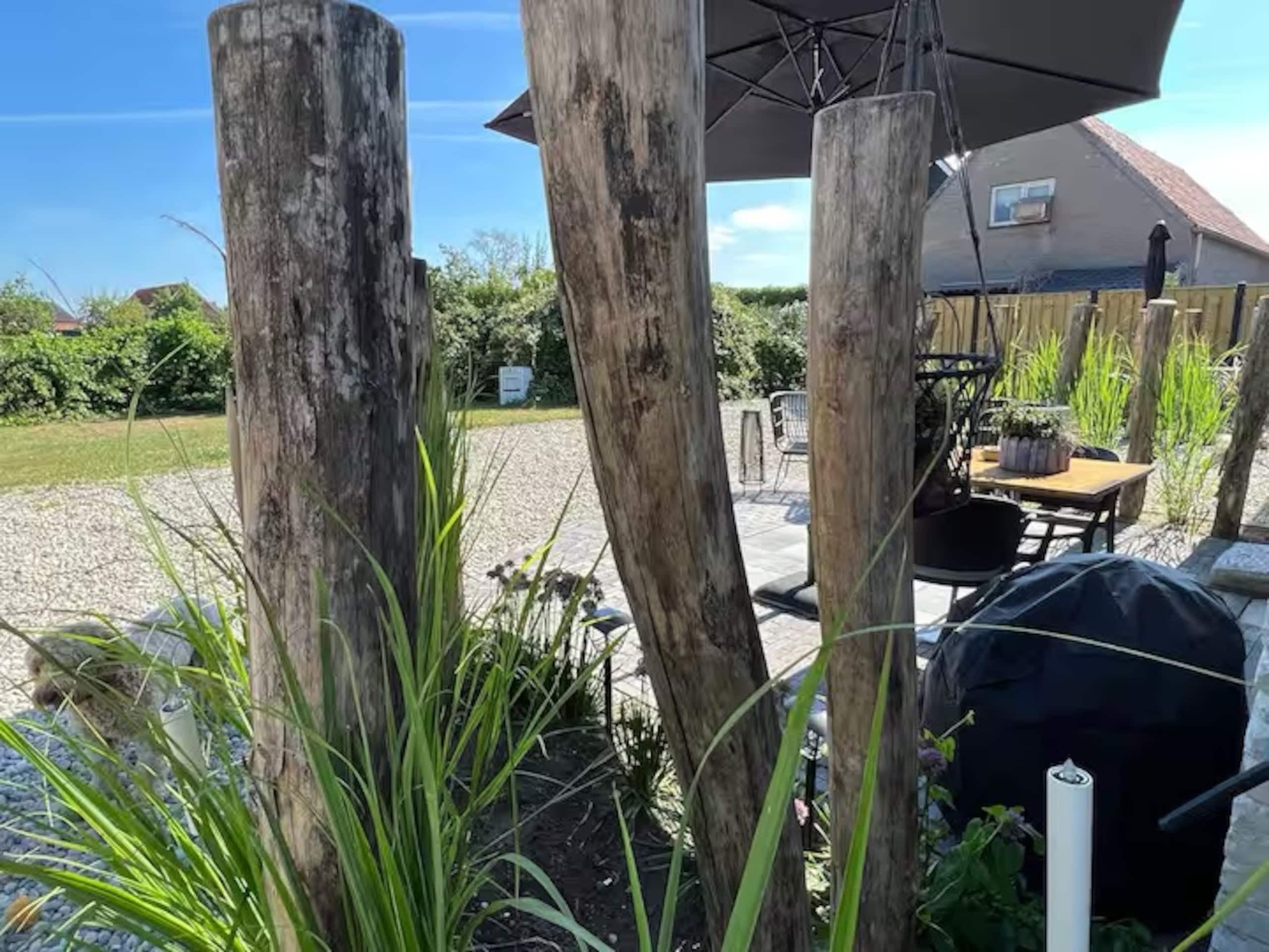 Houten palen en planten bij het terras van Zeelicht